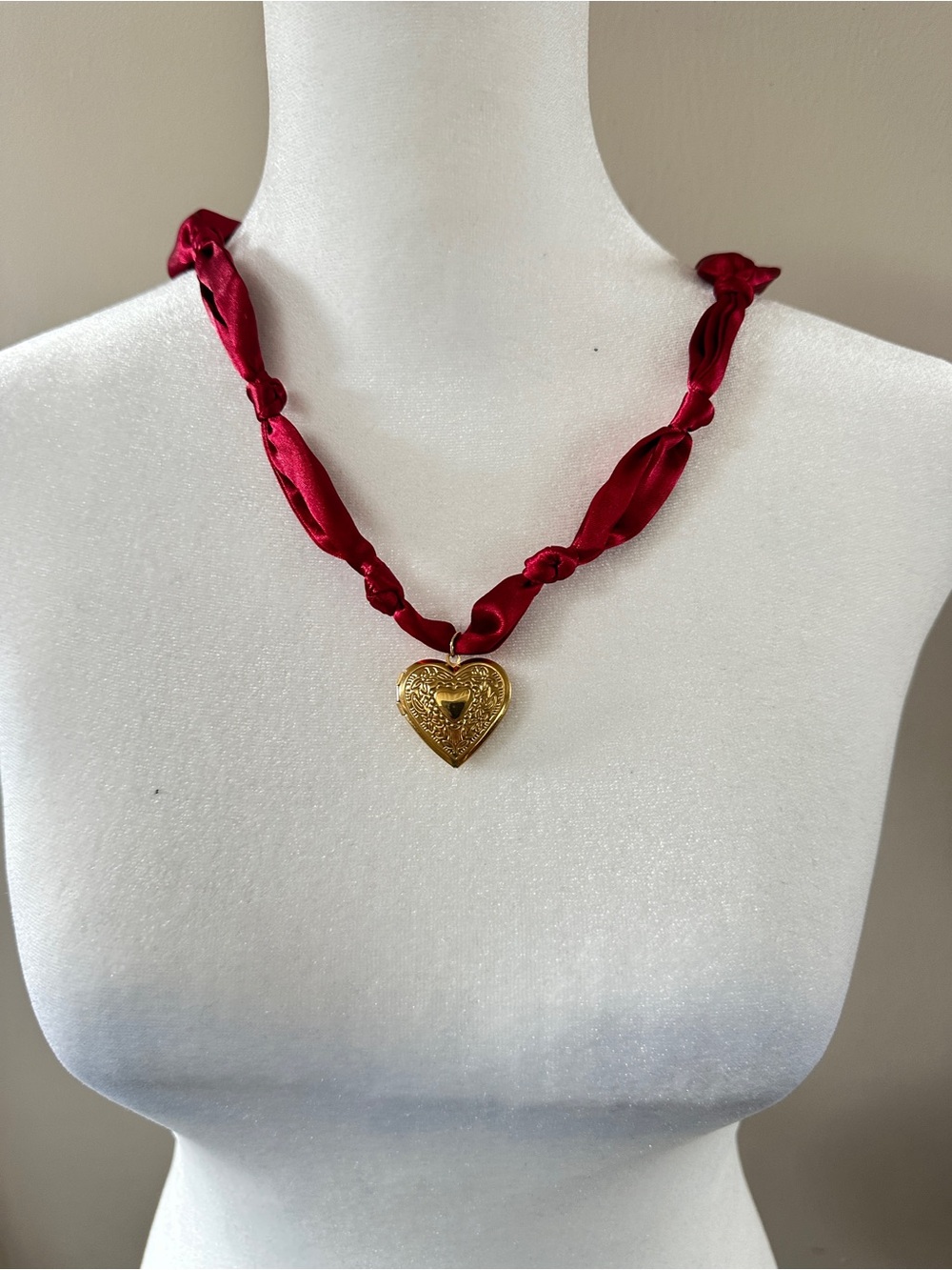 Gold Heart Pendant Necklace on Red Satin Ribbon